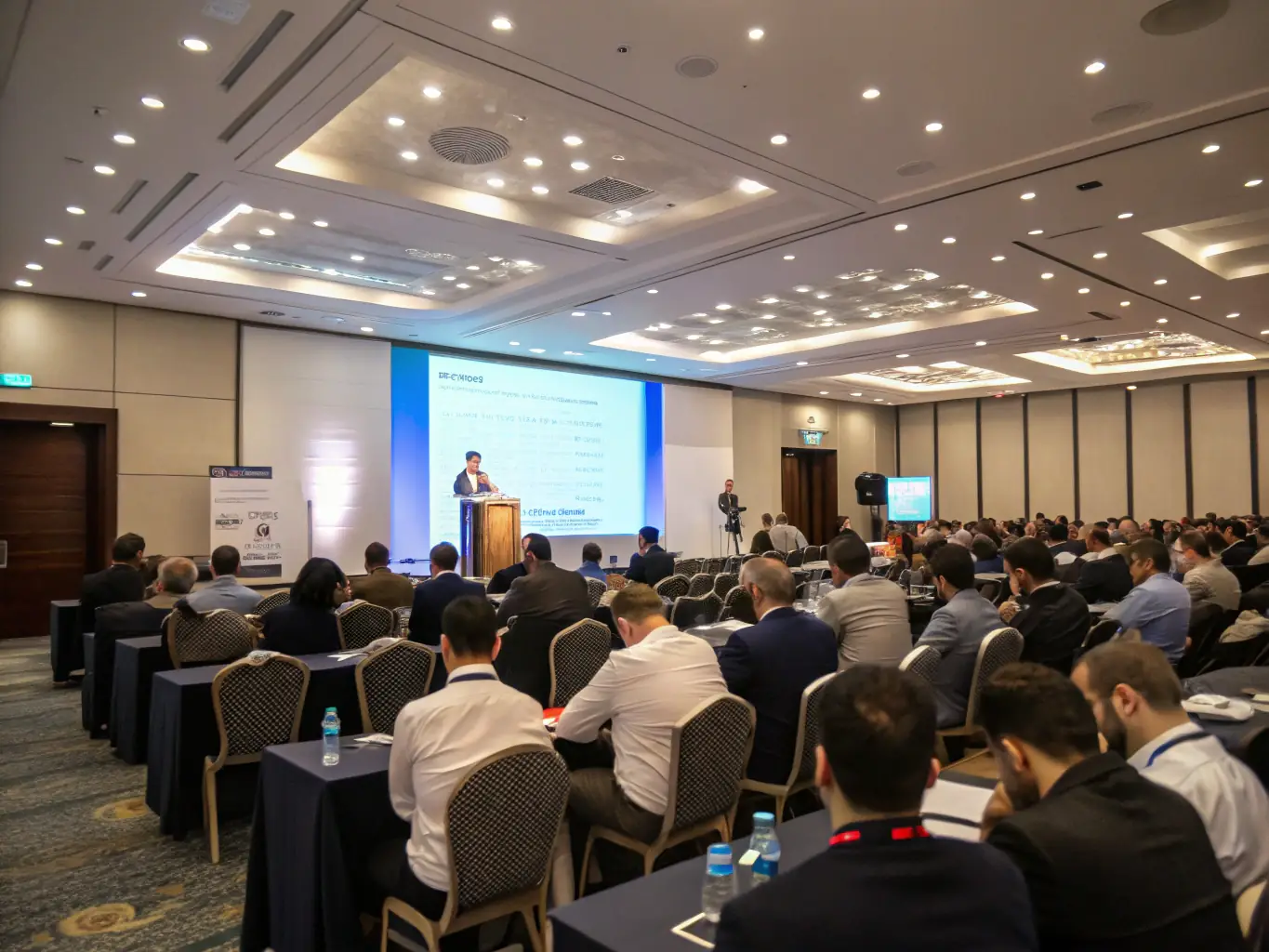 A photograph of a conference room during a session, with attendees actively listening to a speaker on stage, capturing the essence of learning and engagement at the MCP Summit.